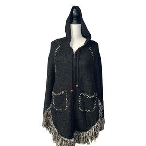 NF Black Poncho Fringe unique stitching front pockets hood Free Size nwt new